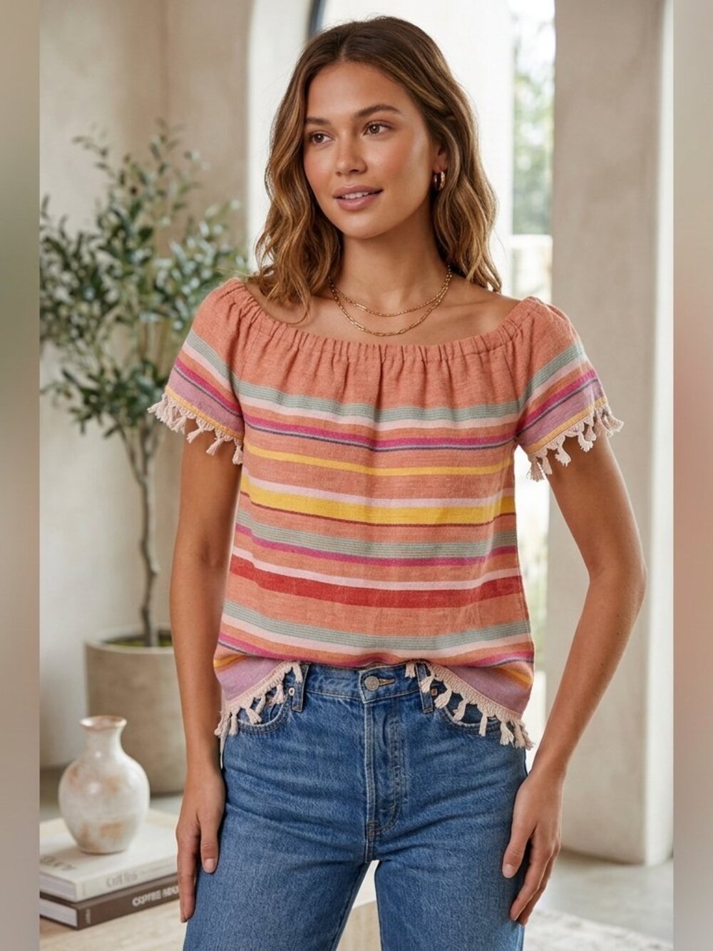 Lemlem Pink Orange Striped Boho Fringe Blouse S